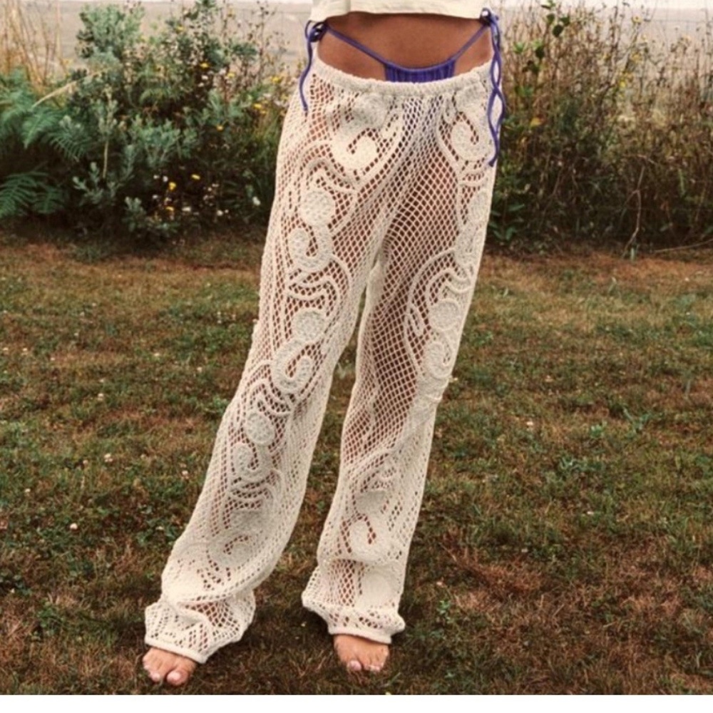 ZARA Crochet Cream/Ecru Cotton Pants Embroidered Appliqués High Waist Bohemian